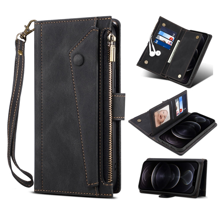 Retro Frosted Horizontal Flip Leather Case with Holder & Card Slot & Wallet & Zipper Pocket & Lanyard, For iPhone 13 Pro Max, For iPhone 13 Pro, For iPhone 13, For iPhone 13 mini, For iPhone 12 Pro Max, For iPhone 12 Pro