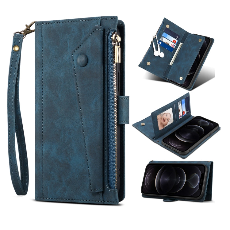 Retro Frosted Horizontal Flip Leather Case with Holder & Card Slot & Wallet & Zipper Pocket & Lanyard, For iPhone 13 Pro Max, For iPhone 13 Pro, For iPhone 13, For iPhone 13 mini, For iPhone 12 Pro Max, For iPhone 12 Pro