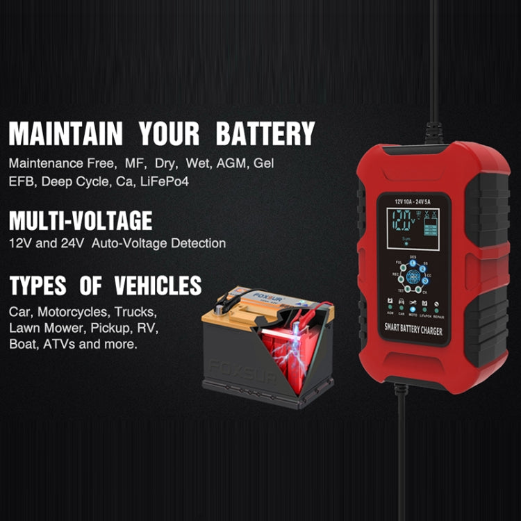 FOXSUR 10A 12V 7-segment Motorcycle / Car Smart Battery Charger, EU Plug, UK Plug, US Plug