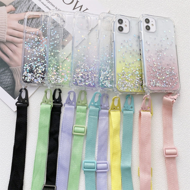 Gradient Glitter Powder Epoxy TPU Thickened Acrylic Shockproof Case with Wide Neck Lanyard, For iPhone 13 mini, For iPhone 13, For iPhone 13 Pro, For iPhone 13 Pro Max, For iPhone 12 mini, For iPhone 12 / 12 Pro, For iPhone 12 Pro Max
