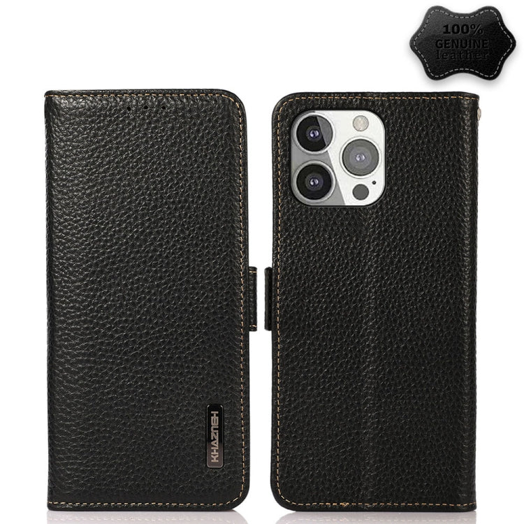 KHAZNEH Side-Magnetic Litchi Genuine Leather RFID Case, For iPhone 13 mini, For iPhone 13, For iPhone 13 Pro, For iPhone 13 Pro Max, For iPhone 12 mini, For iPhone 12 / 12 Pro