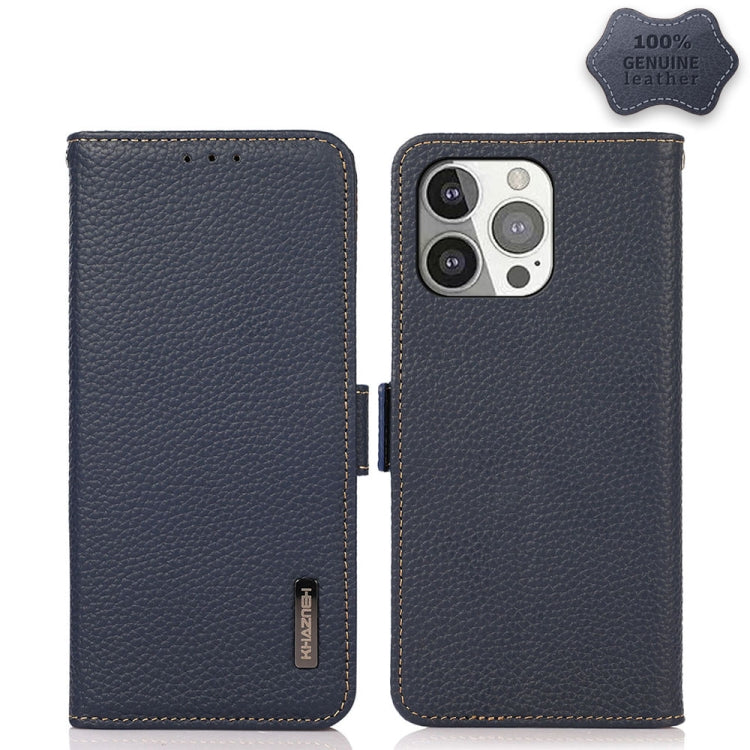 KHAZNEH Side-Magnetic Litchi Genuine Leather RFID Case, For iPhone 13 mini, For iPhone 13, For iPhone 13 Pro, For iPhone 13 Pro Max, For iPhone 12 mini, For iPhone 12 / 12 Pro