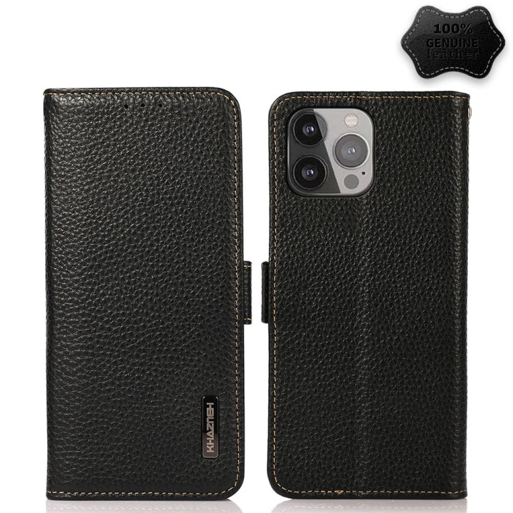 KHAZNEH Side-Magnetic Litchi Genuine Leather RFID Case, For iPhone 13 mini, For iPhone 13, For iPhone 13 Pro, For iPhone 13 Pro Max, For iPhone 12 mini, For iPhone 12 / 12 Pro