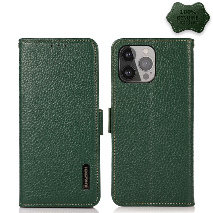 KHAZNEH Side-Magnetic Litchi Genuine Leather RFID Case, For iPhone 13 mini, For iPhone 13, For iPhone 13 Pro, For iPhone 13 Pro Max, For iPhone 12 mini, For iPhone 12 / 12 Pro