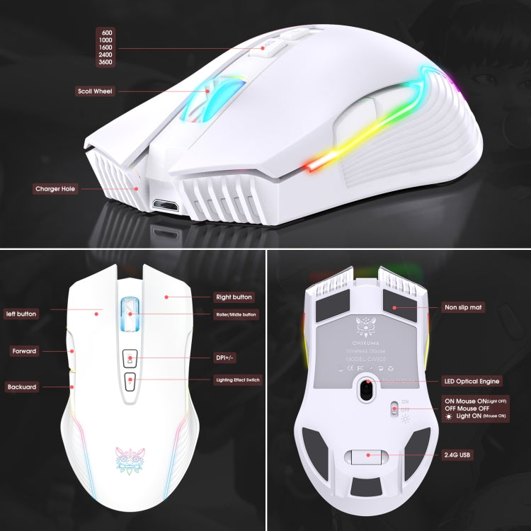 ONIKUMA CW905 2.4G RGB Lighting Wireless Mouse, CW905 Wireless Mouse(Black), CW905 Wireless Mouse(Pink), CW905 Wireless Mouse (Grey White)