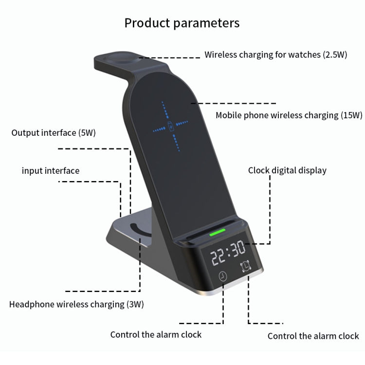 H36 6 in 1 15W Alarm Clock Digital Display Magsafe Magnetic Wireless Charger for Mobile Phones / AirPods / iWatch, H36