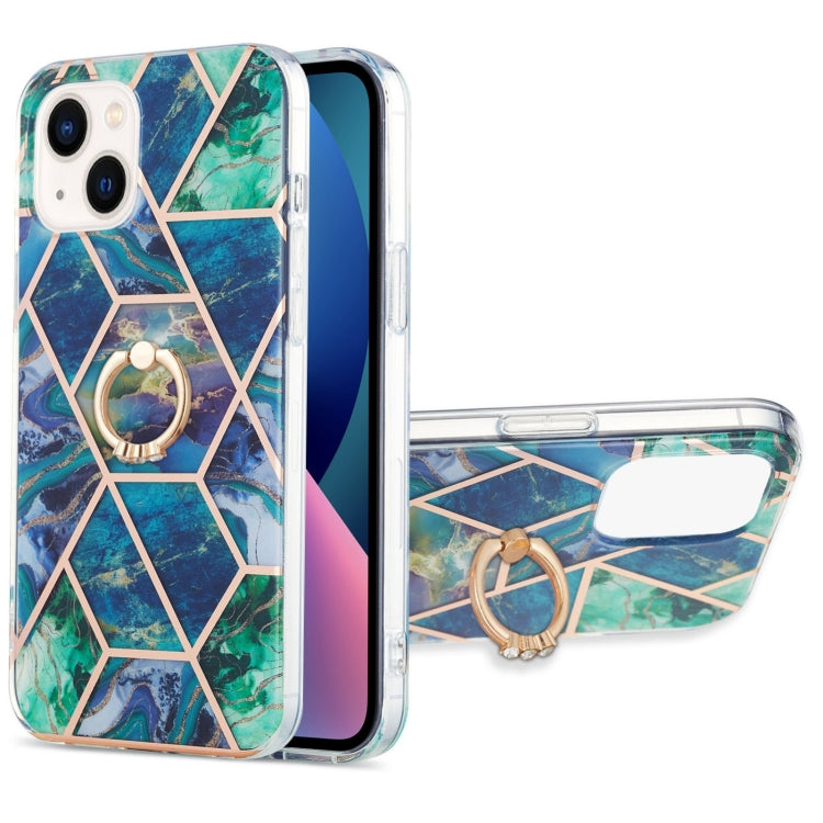 Electroplating Splicing Marble Pattern Dual-side IMD TPU Shockproof Case with Ring Holder, For iPhone 14, For iPhone 14 Plus, For iPhone 14 Pro, For iPhone 14 Pro Max
