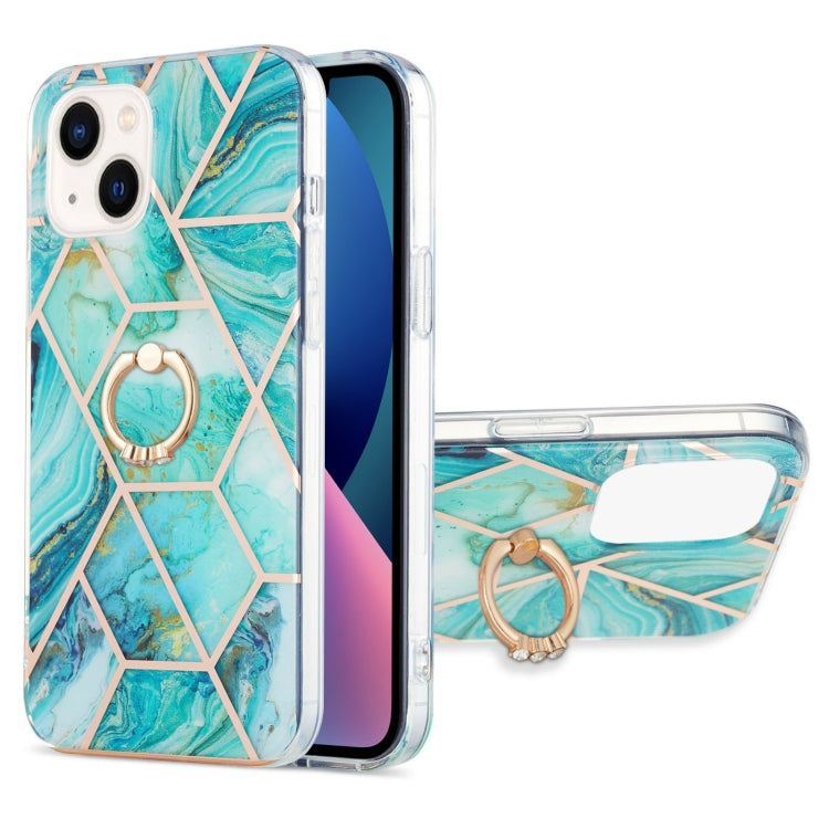 Electroplating Splicing Marble Pattern Dual-side IMD TPU Shockproof Case with Ring Holder, For iPhone 14, For iPhone 14 Plus, For iPhone 14 Pro, For iPhone 14 Pro Max