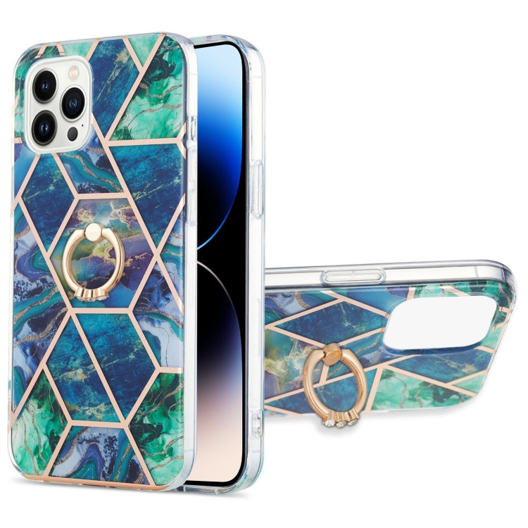Electroplating Splicing Marble Pattern Dual-side IMD TPU Shockproof Case with Ring Holder, For iPhone 14, For iPhone 14 Plus, For iPhone 14 Pro, For iPhone 14 Pro Max