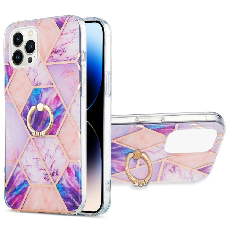 Electroplating Splicing Marble Pattern Dual-side IMD TPU Shockproof Case with Ring Holder, For iPhone 14, For iPhone 14 Plus, For iPhone 14 Pro, For iPhone 14 Pro Max