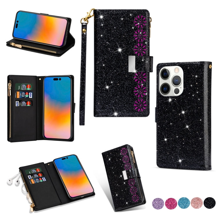 Multi-card Slots Laser Carving Glitter Zipper Leather Case, For iPhone 14, For iPhone 14 Max, For iPhone 14 Pro, For iPhone 14 Pro Max
