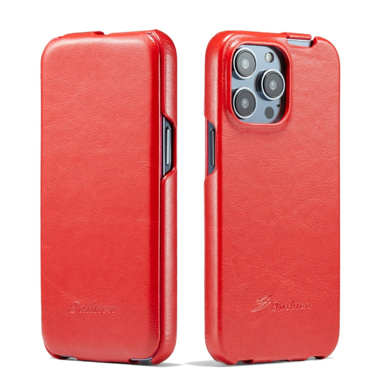 Fierre Shann Oil Wax Texture Vertical Flip PU Phone Case, For iPhone 14, For iPhone 14 Plus, For iPhone 14 Pro, For iPhone 14 Pro Max