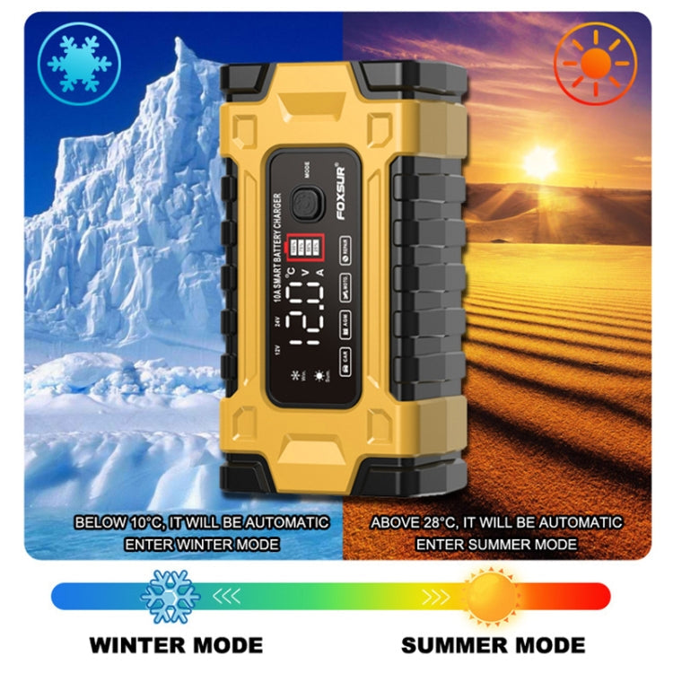 FOXSUR 12V / 24V / 10A Car / Motorcycle Battery Smart Repair Lead-acid Battery Charger, Yellow