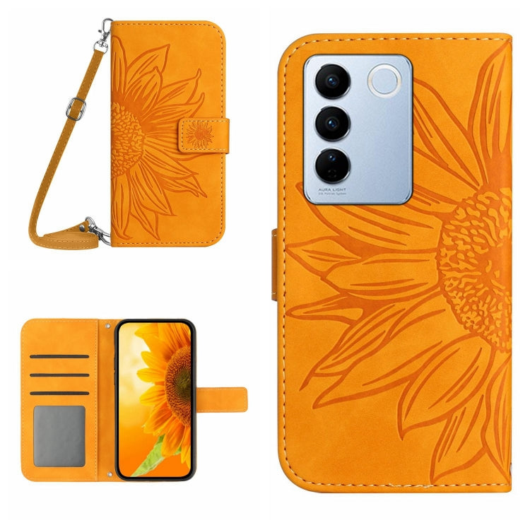 HT04 Skin Feel Sun Flower Embossed Flip Leather Phone Case with Lanyard, For vivo V27, For Samsung Galaxy F14 5G Global