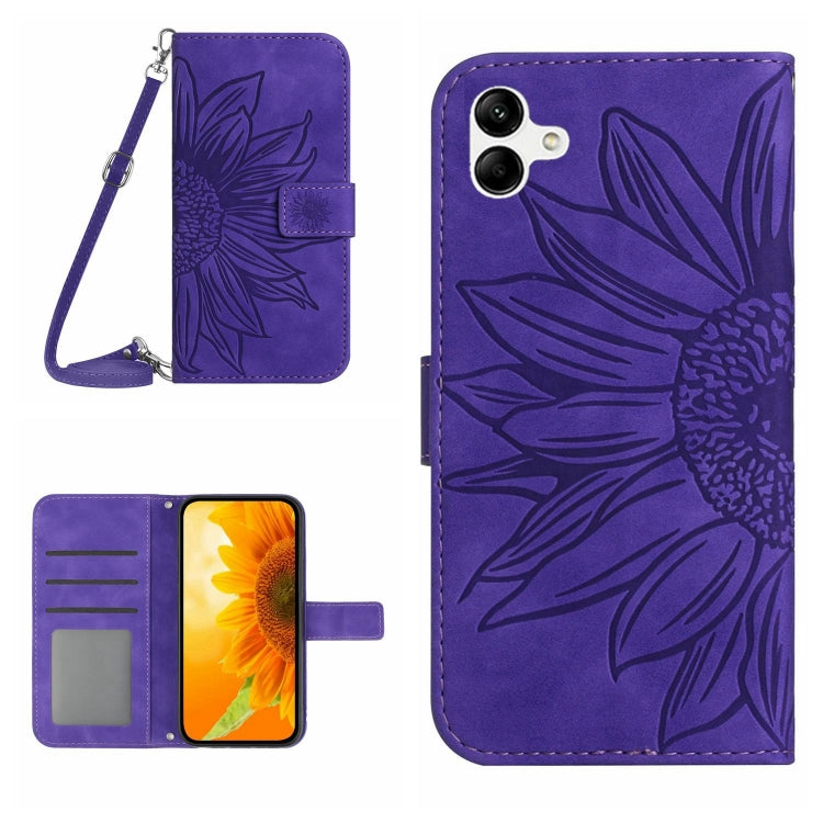 HT04 Skin Feel Sun Flower Embossed Flip Leather Phone Case with Lanyard, For vivo V27, For Samsung Galaxy F14 5G Global