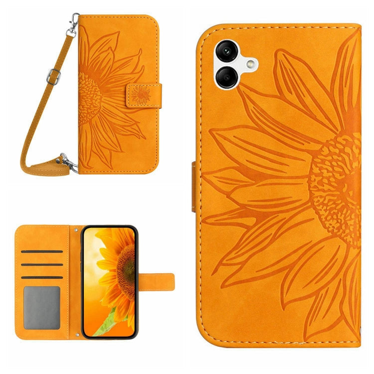 HT04 Skin Feel Sun Flower Embossed Flip Leather Phone Case with Lanyard, For vivo V27, For Samsung Galaxy F14 5G Global