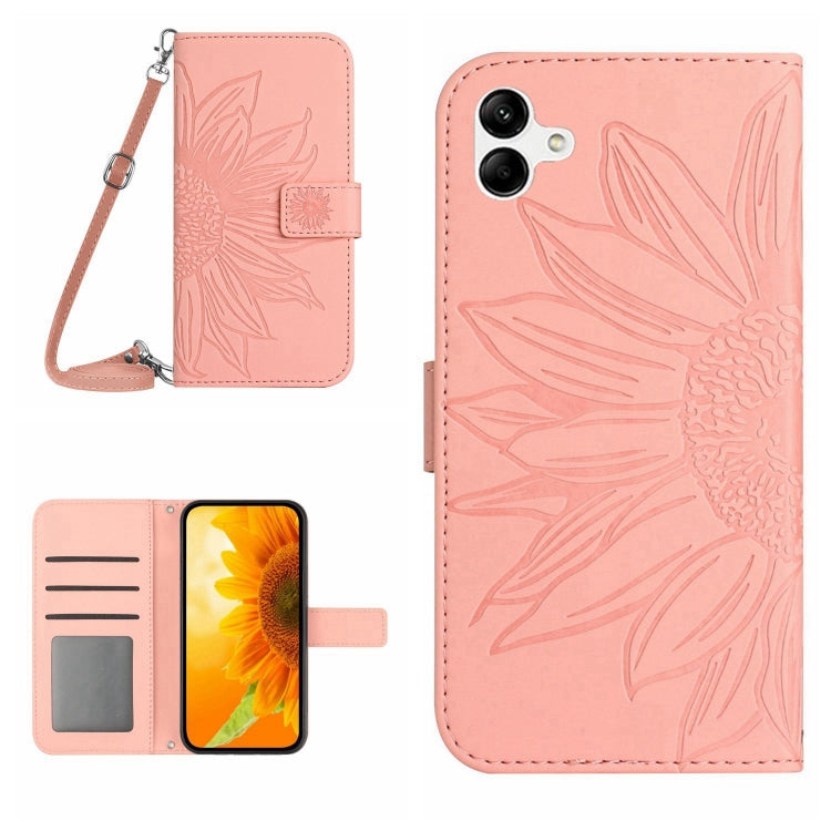 HT04 Skin Feel Sun Flower Embossed Flip Leather Phone Case with Lanyard, For vivo V27, For Samsung Galaxy F14 5G Global