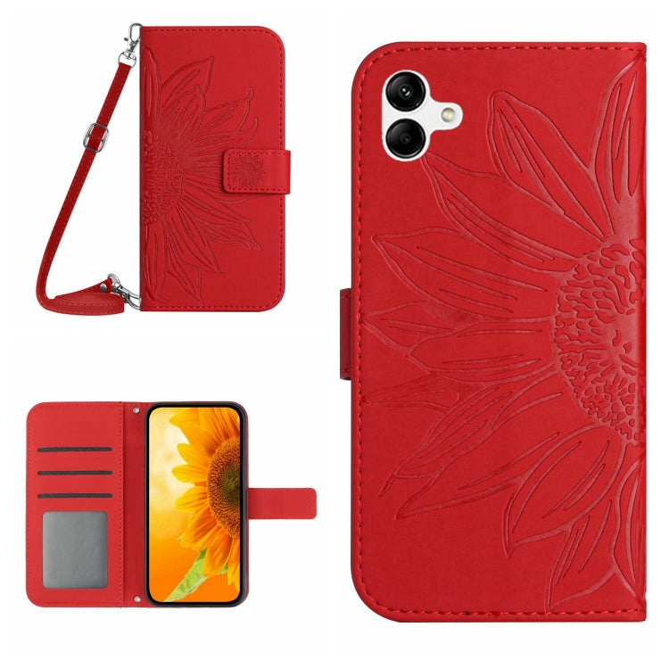 HT04 Skin Feel Sun Flower Embossed Flip Leather Phone Case with Lanyard, For vivo V27, For Samsung Galaxy F14 5G Global
