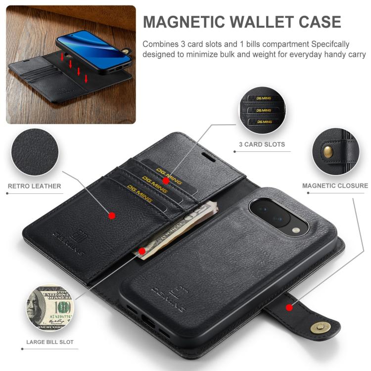 DG.MING Crazy Horse Texture Detachable Magnetic Leather Phone Case, For Google Pixel 10a, For Google Pixel 9a, For Google Pixel 8a, For Google Pixel 8 Pro