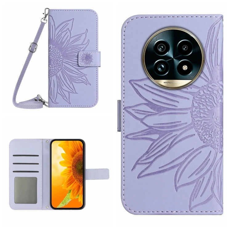 Skin Feel Sun Flower Embossed Flip Leather Phone Case with Lanyard, For Realme 13+ 5G Global, For Realme 13 Pro 5G / 13 Pro+ 5G