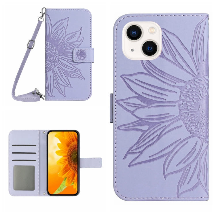 Skin Feel Sun Flower Embossed Flip Leather Phone Case with Lanyard, For iPhone 15