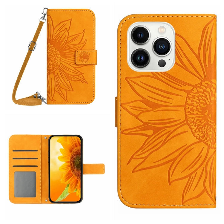 Skin Feel Sun Flower Embossed Flip Leather Phone Case with Lanyard, For iPhone 15 Pro, For iPhone 15 Plus