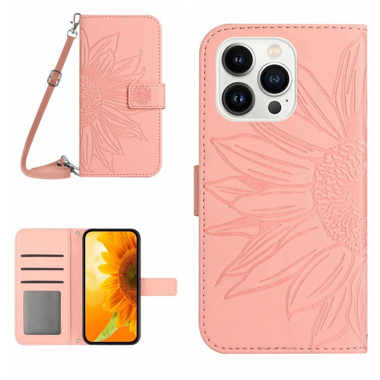 Skin Feel Sun Flower Embossed Flip Leather Phone Case with Lanyard, For iPhone 16, For iPhone 15 Pro Max