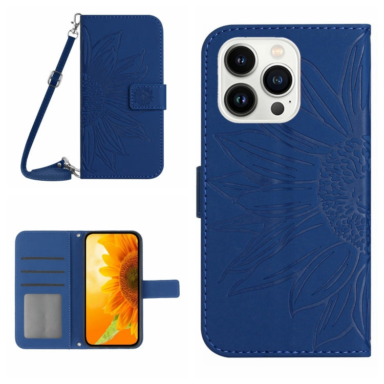 Skin Feel Sun Flower Embossed Flip Leather Phone Case with Lanyard, For iPhone 16, For iPhone 15 Pro Max