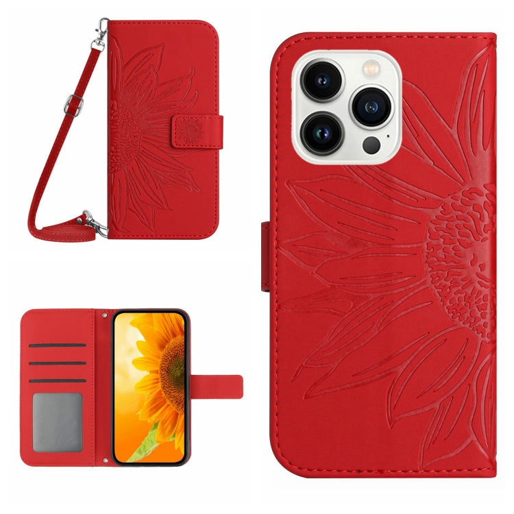 Skin Feel Sun Flower Embossed Flip Leather Phone Case with Lanyard, For iPhone Air, For iPhone 16 Pro Max
