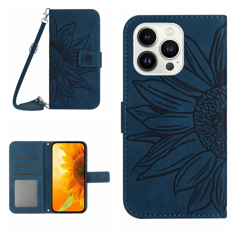 Skin Feel Sun Flower Embossed Flip Leather Phone Case with Lanyard, For iPhone 16 Pro, For iPhone 16 Plus