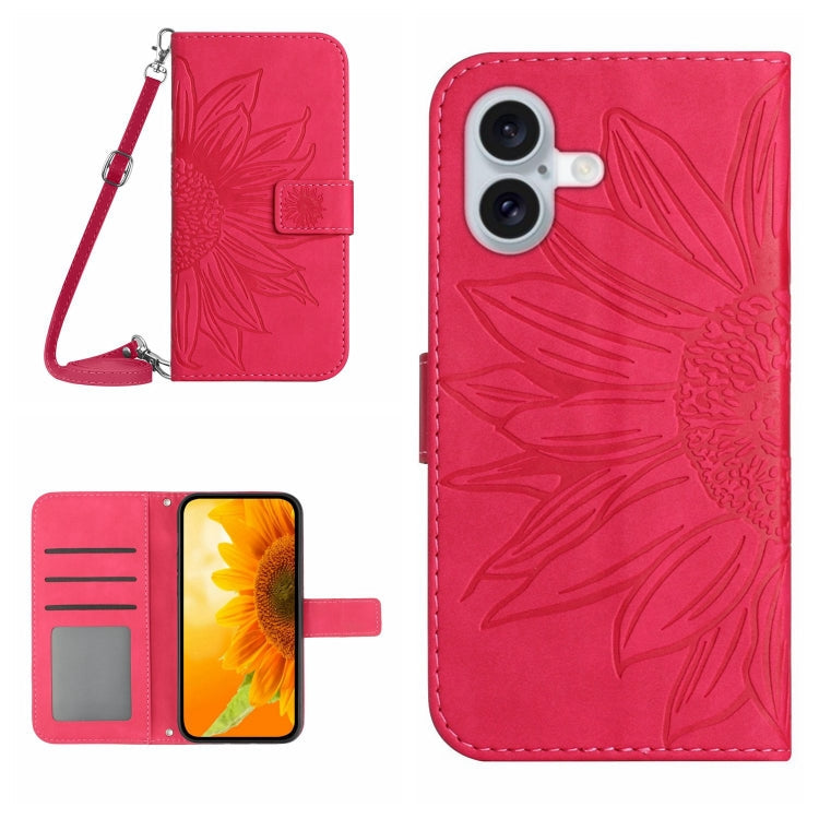 Skin Feel Sun Flower Embossed Flip Leather Phone Case with Lanyard, For iPhone 16 Pro, For iPhone 16 Plus