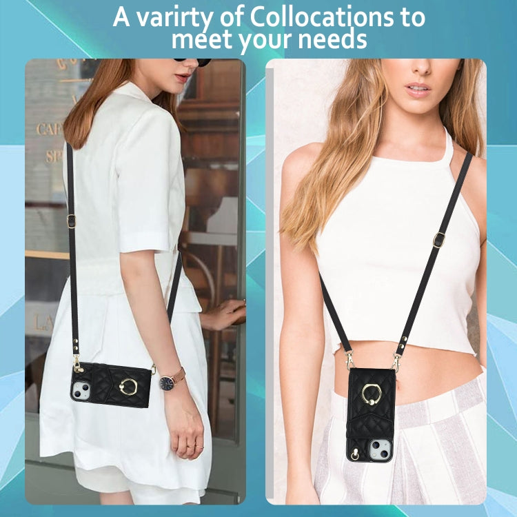 Rhombic Texture Card Bag Phone Case with Long Lanyard, For iPhone 13, For iPhone 12 / 12 Pro, For iPhone 12 Pro Max