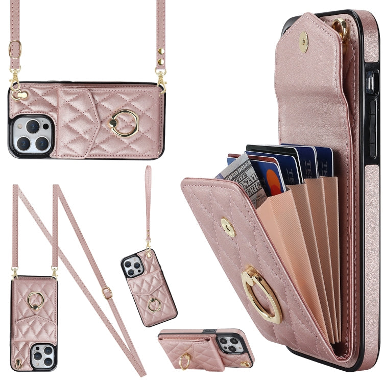 Rhombic Texture Card Bag Phone Case with Long Lanyard, For iPhone 13, For iPhone 12 / 12 Pro, For iPhone 12 Pro Max