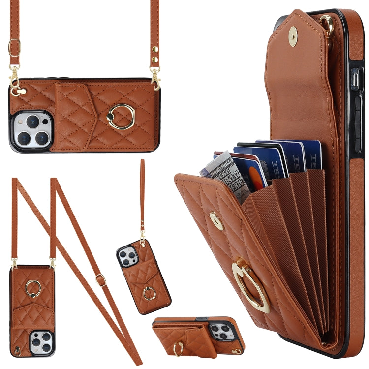 Rhombic Texture Card Bag Phone Case with Long Lanyard, For iPhone 13, For iPhone 12 / 12 Pro, For iPhone 12 Pro Max