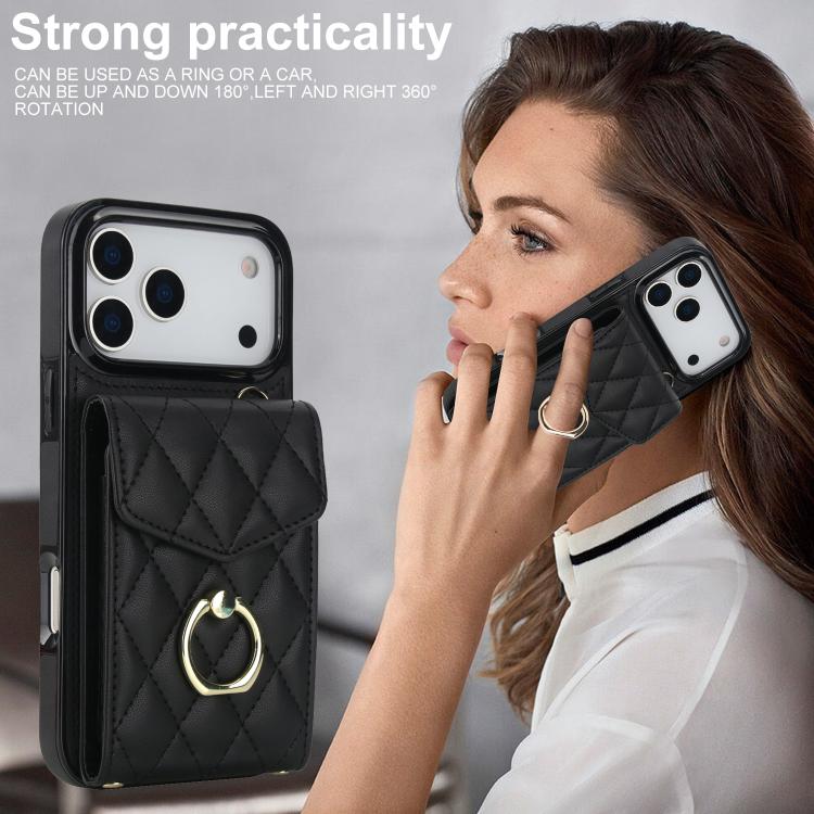 Rhombic Texture Card Bag Phone Case with Long Lanyard, For iPhone 17e / 16e, For iPhone 17 Pro Max, For iPhone 17 Pro