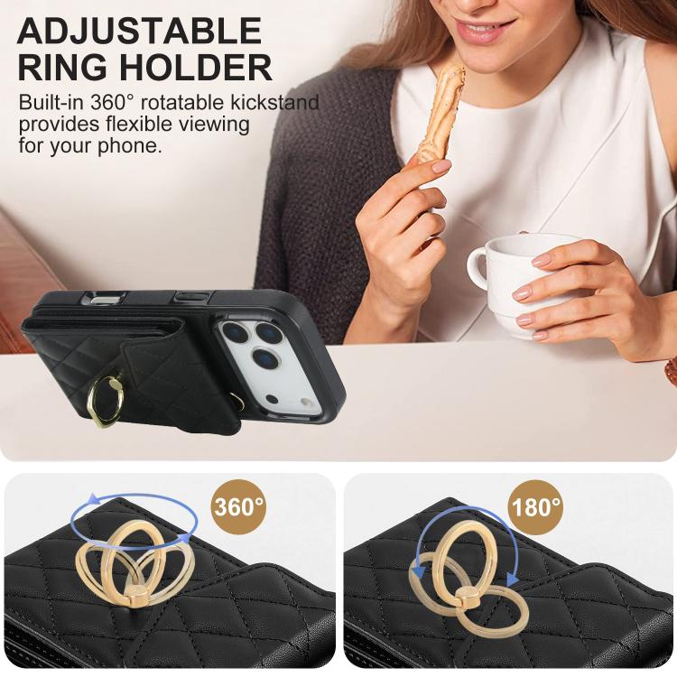 Rhombic Texture Card Bag Phone Case with Long Lanyard, For iPhone 17e / 16e, For iPhone 17 Pro Max, For iPhone 17 Pro