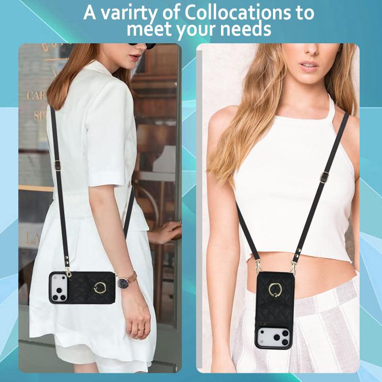 Rhombic Texture Card Bag Phone Case with Long Lanyard, For iPhone 17e / 16e, For iPhone 17 Pro Max, For iPhone 17 Pro