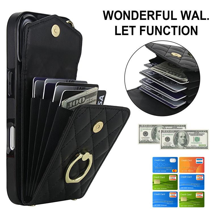 Rhombic Texture Card Bag Phone Case with Long Lanyard, For iPhone 17, For iPhone Air, For iPhone 15 Pro Max