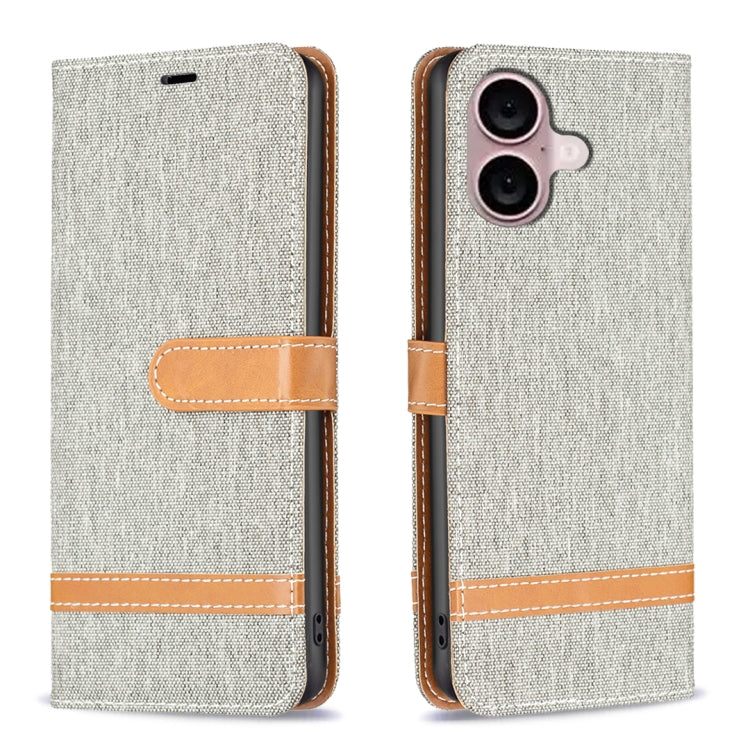Color Block Denim Texture Leather Phone Case, For iPhone 16 Plus, For iPhone 16