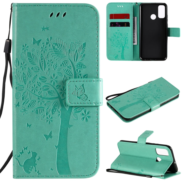 Tree & Cat Embossed Pattern Horizontal Flip Leather Case with Holder & Card Slots & Wallet & Lanyard, For Huawei Y6p, For Huawei Honor 9A