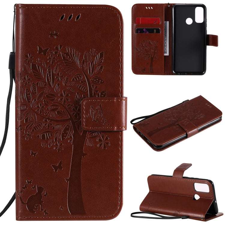 Tree & Cat Embossed Pattern Horizontal Flip Leather Case with Holder & Card Slots & Wallet & Lanyard, For Huawei Y6p, For Huawei Honor 9A