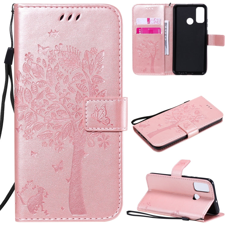 Tree & Cat Embossed Pattern Horizontal Flip Leather Case with Holder & Card Slots & Wallet & Lanyard, For Huawei Y6p, For Huawei Honor 9A