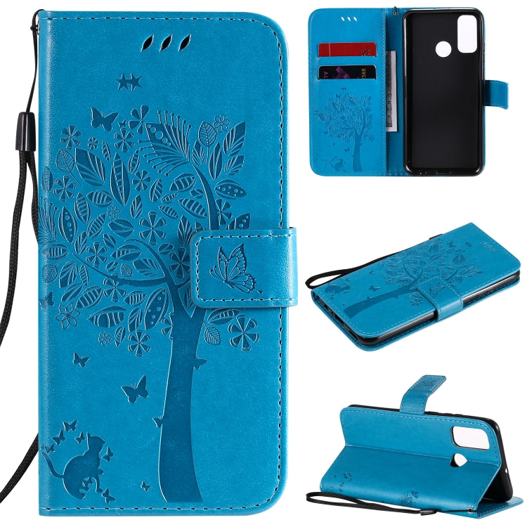 Tree & Cat Embossed Pattern Horizontal Flip Leather Case with Holder & Card Slots & Wallet & Lanyard, For Huawei Y6p, For Huawei Honor 9A