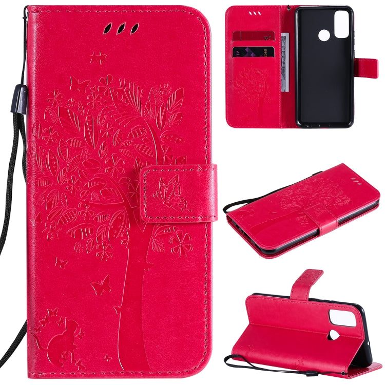 Tree & Cat Embossed Pattern Horizontal Flip Leather Case with Holder & Card Slots & Wallet & Lanyard, For Huawei Y6p, For Huawei Honor 9A