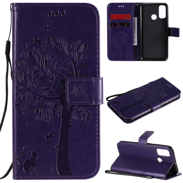 Tree & Cat Embossed Pattern Horizontal Flip Leather Case with Holder & Card Slots & Wallet & Lanyard, For Huawei Y6p, For Huawei Honor 9A
