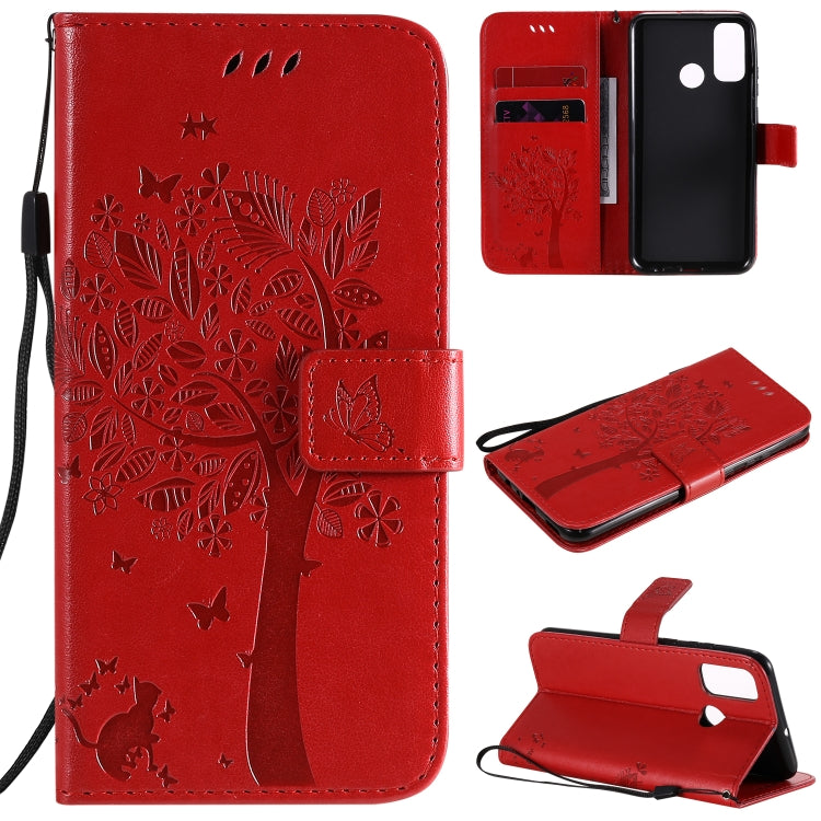 Tree & Cat Embossed Pattern Horizontal Flip Leather Case with Holder & Card Slots & Wallet & Lanyard, For Huawei Y6p, For Huawei Honor 9A