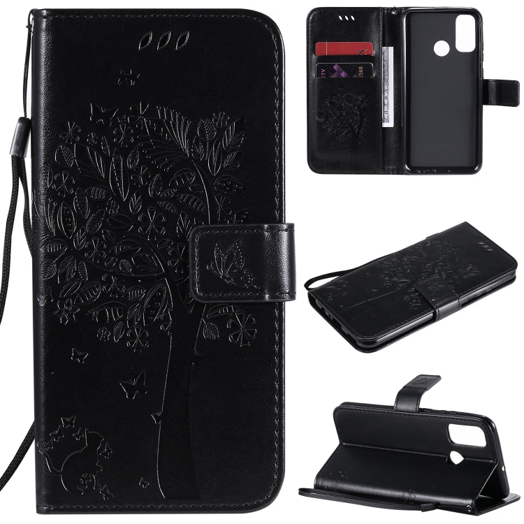 Tree & Cat Embossed Pattern Horizontal Flip Leather Case with Holder & Card Slots & Wallet & Lanyard, For Huawei Y6p, For Huawei Honor 9A