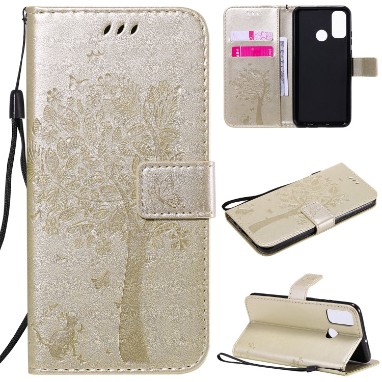 Tree & Cat Embossed Pattern Horizontal Flip Leather Case with Holder & Card Slots & Wallet & Lanyard, For Huawei Y6p, For Huawei Honor 9A