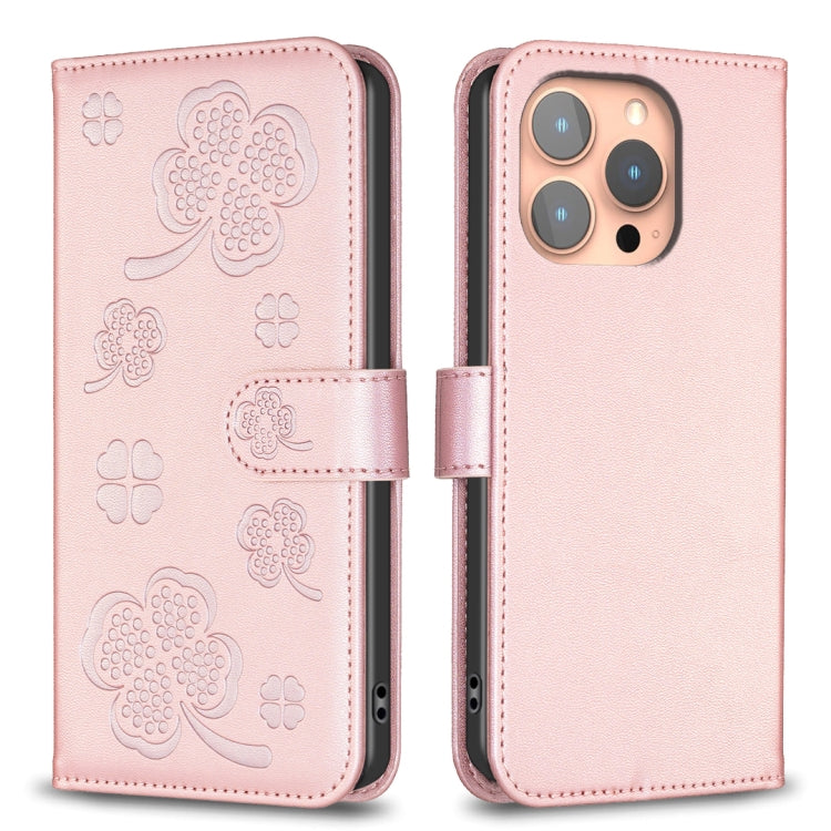 Four-leaf Embossed Leather Phone Case, For iPhone 16 Pro Max, For iPhone 16 Pro, For iPhone 16 Plus, For iPhone 16