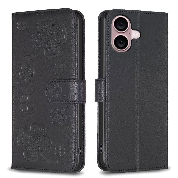 Four-leaf Embossed Leather Phone Case, For iPhone 16 Pro Max, For iPhone 16 Pro, For iPhone 16 Plus, For iPhone 16